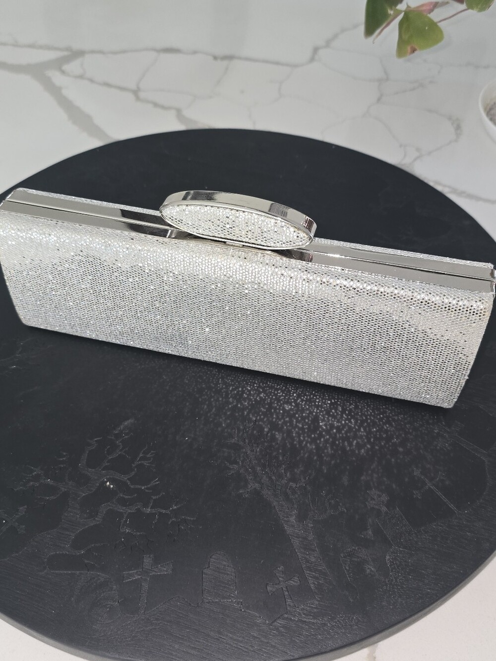 Glam Silver Glitter Hard-Shell Clutch Bag with Crystal Embellished Clasp